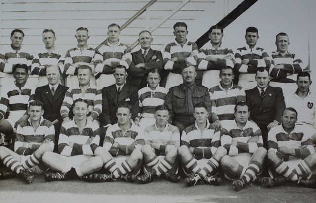 Auckland team 1942, with Fred Lucas in suit 3rd from left in middle row, Tom Pearce, extreme right back row, and Lindsey Schubert, front right (sitting)